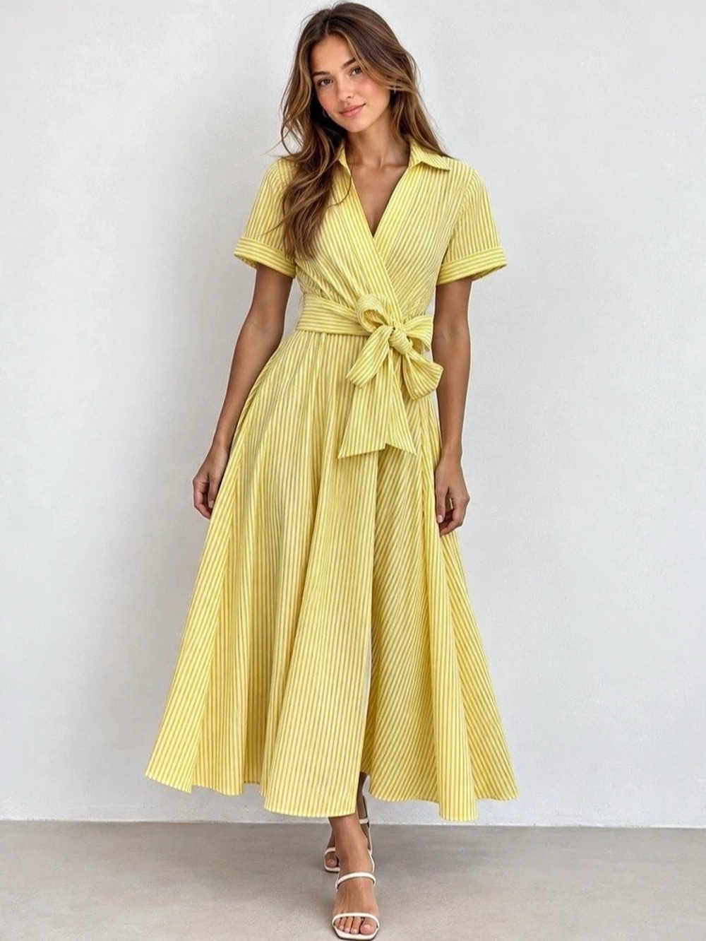 NWOT Tahari Retro Yellow Striped Collar Short Sleeve Dress in Yellow | Size 4